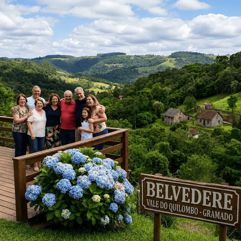 Família reunida em mirante do Vale do Quilombo, em Gramado